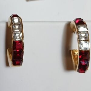 Givenchy Vintage Hoop Earrings Channel Set Rhinestones Red & Clear Signed